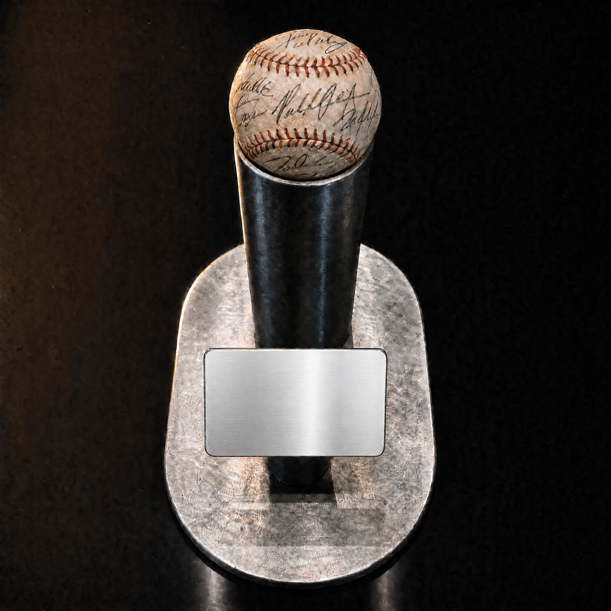Classic Baseball Stand with signed baseball and custom beveled-text plaque
